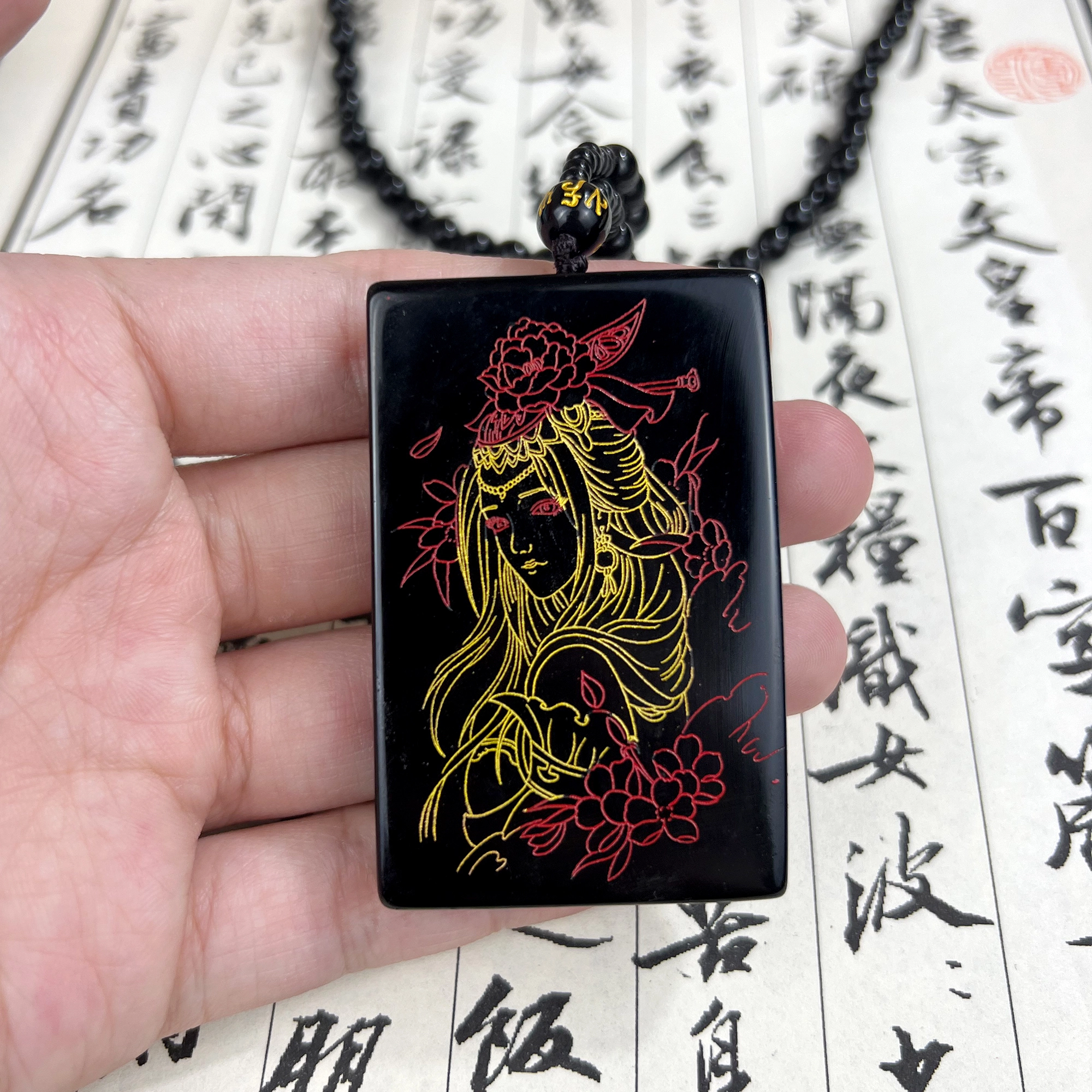{手工绘色雕刻} 唐之饰 新创意设计玫瑰与她精雕玉佩小众百搭日常通勤配饰清晰纹理高级感暗黑风装饰品 黑曜石 项链 男女同款情侣款