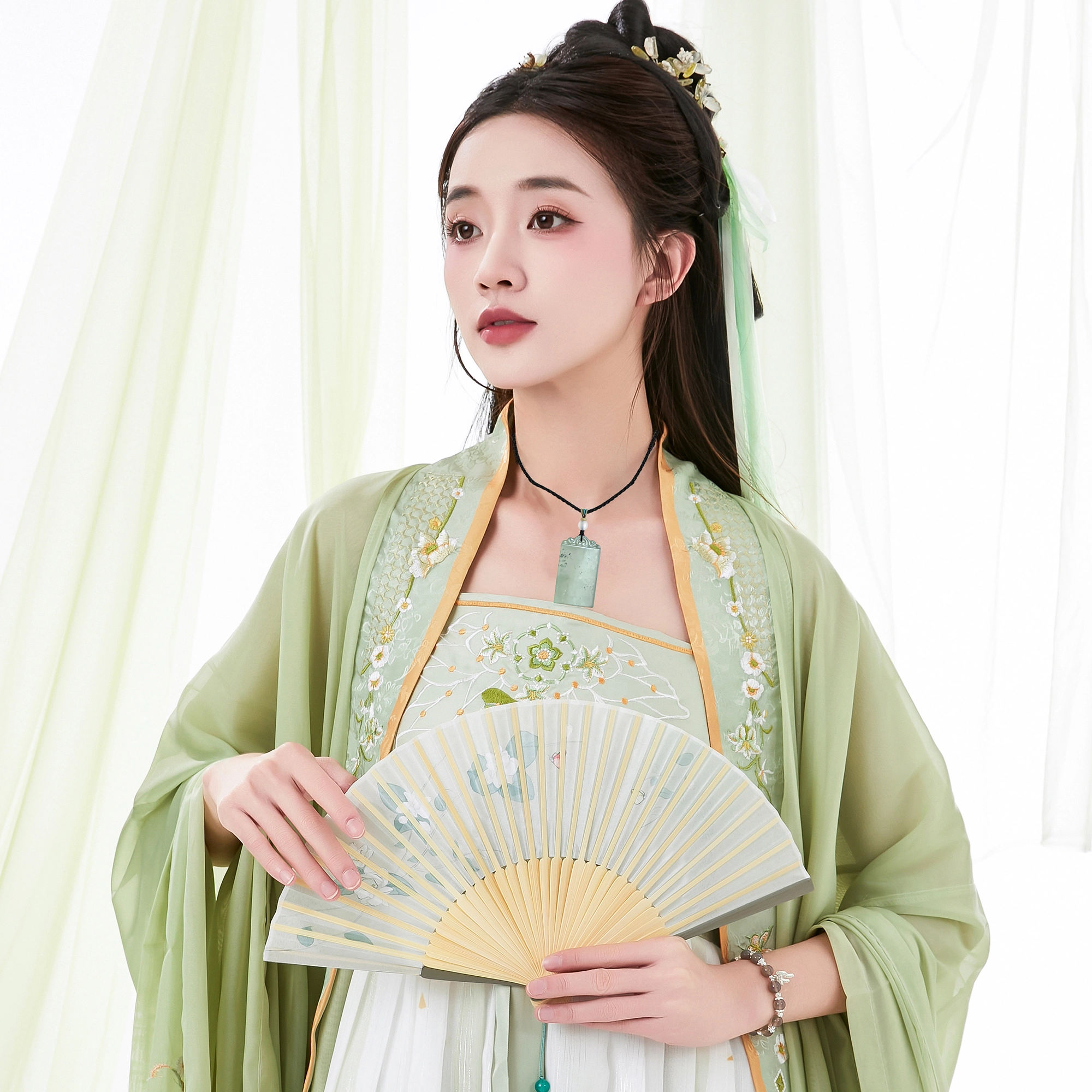 唐之饰 冰透飘花无事牌吊坠 新中式国风复古国潮玉佩编绳转运珠#好运 岫玉（蛇纹石玉） 项链 男女同款情侣款