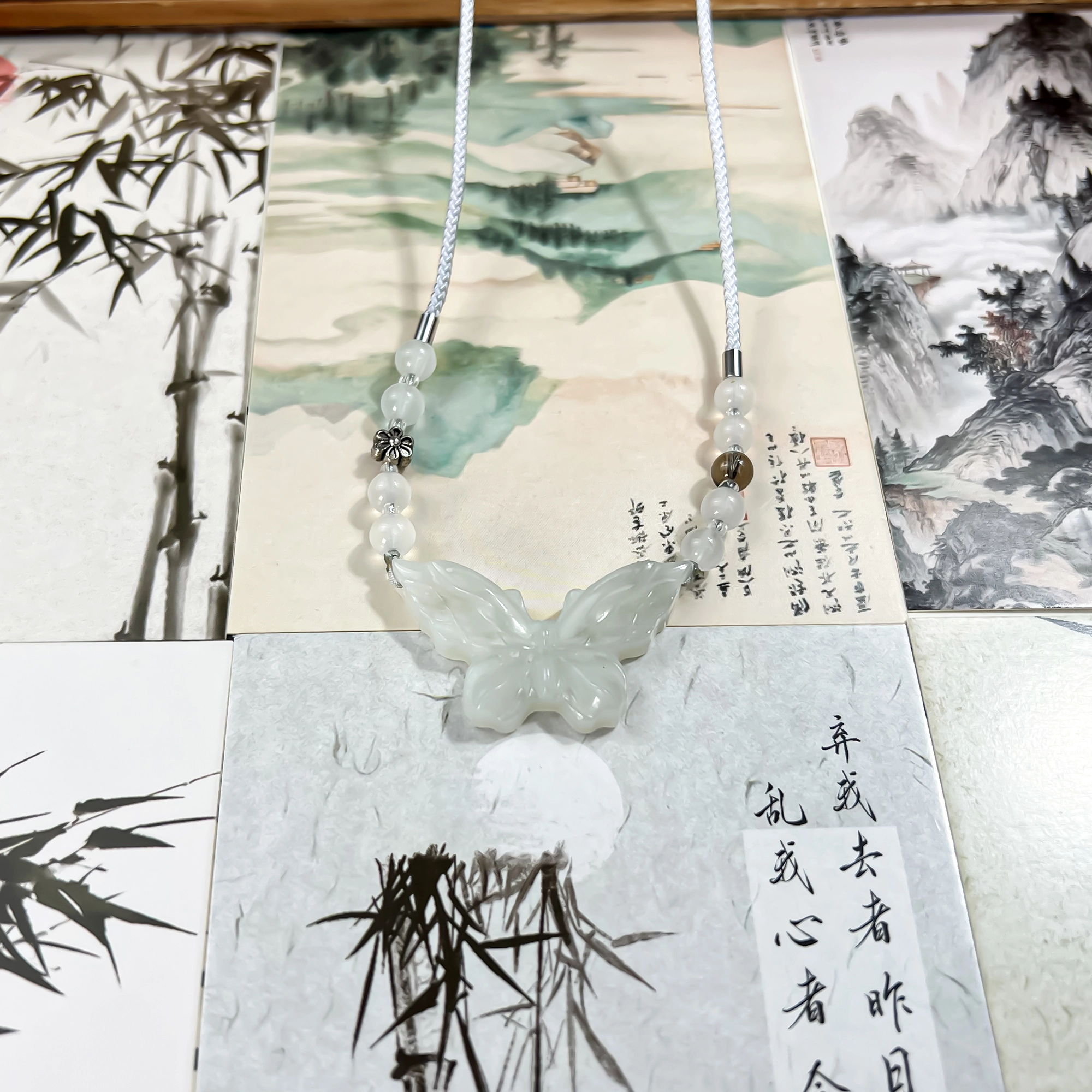 【高品质】 唐之饰 蝴蝶  正缘桃花 偶遇佳侣 新中式国潮原创设计小众 国风古风森系 岫玉（蛇纹石玉） 项链 男女同款情侣款