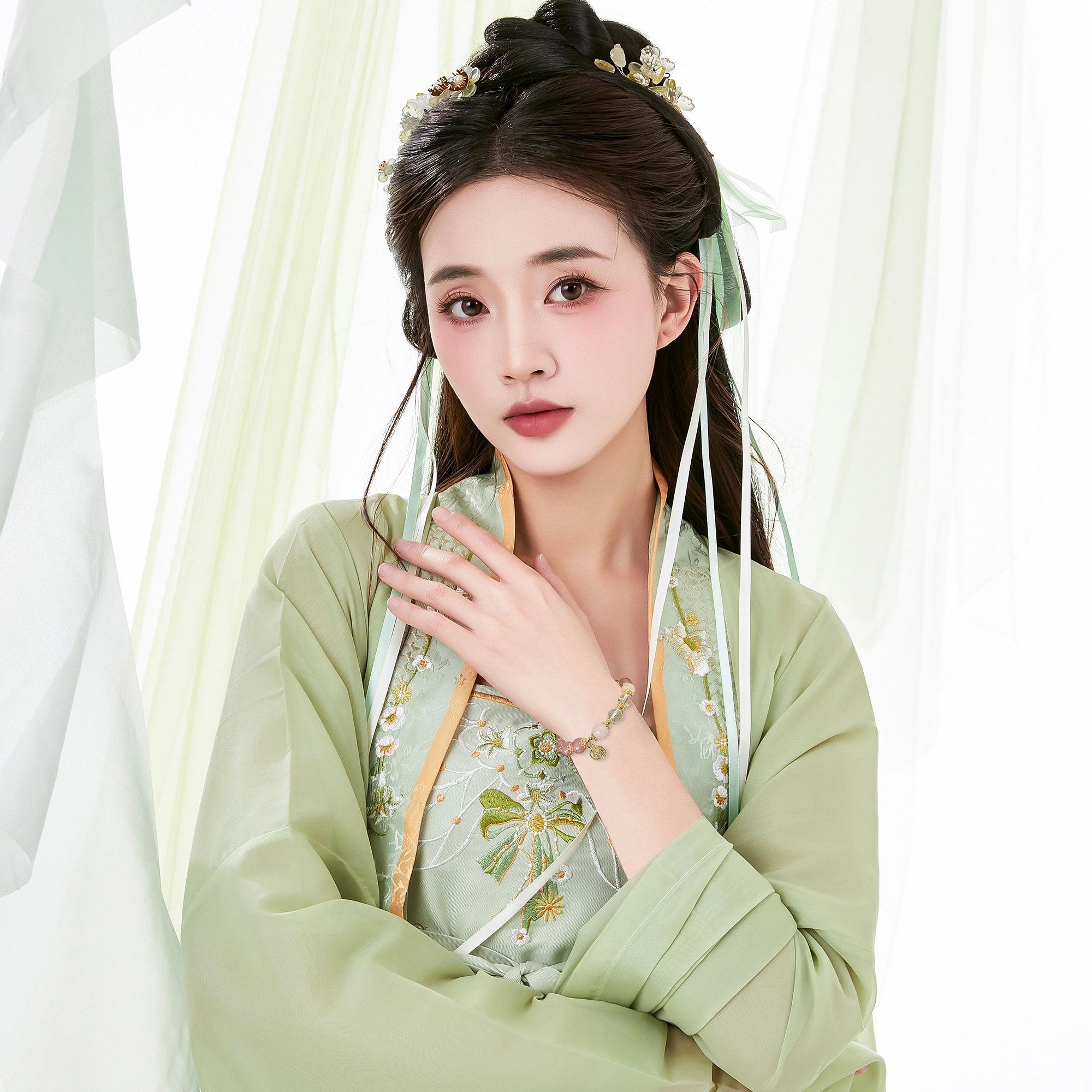 唐之饰 新中式渐变粉福牌桃花 国风福气满满清凉 原创设计 水晶 玉石手串 男女同款情侣款