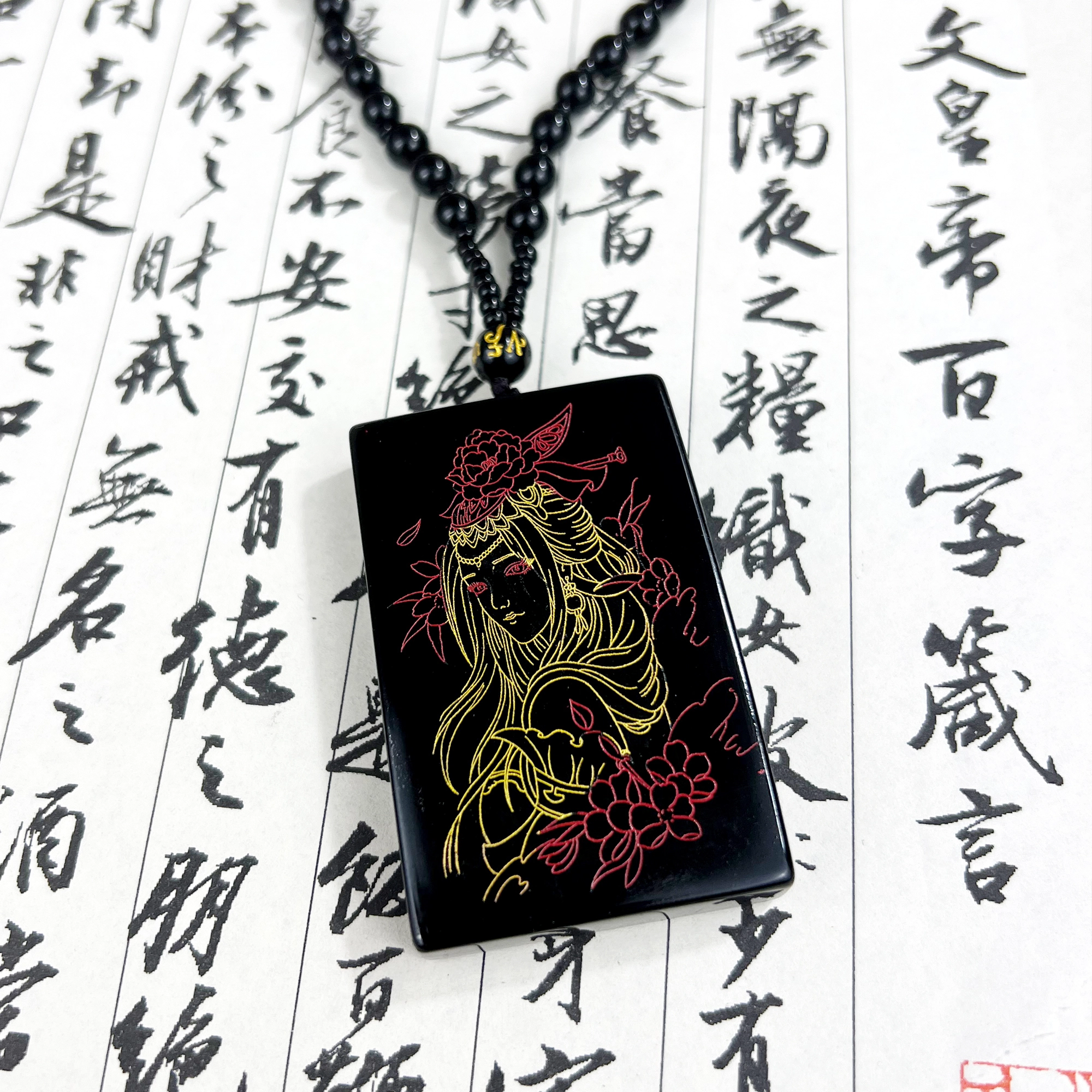 {手工绘色雕刻} 唐之饰 新创意设计玫瑰与她精雕玉佩小众百搭日常通勤配饰清晰纹理高级感暗黑风装饰品 黑曜石 项链 男女同款情侣款