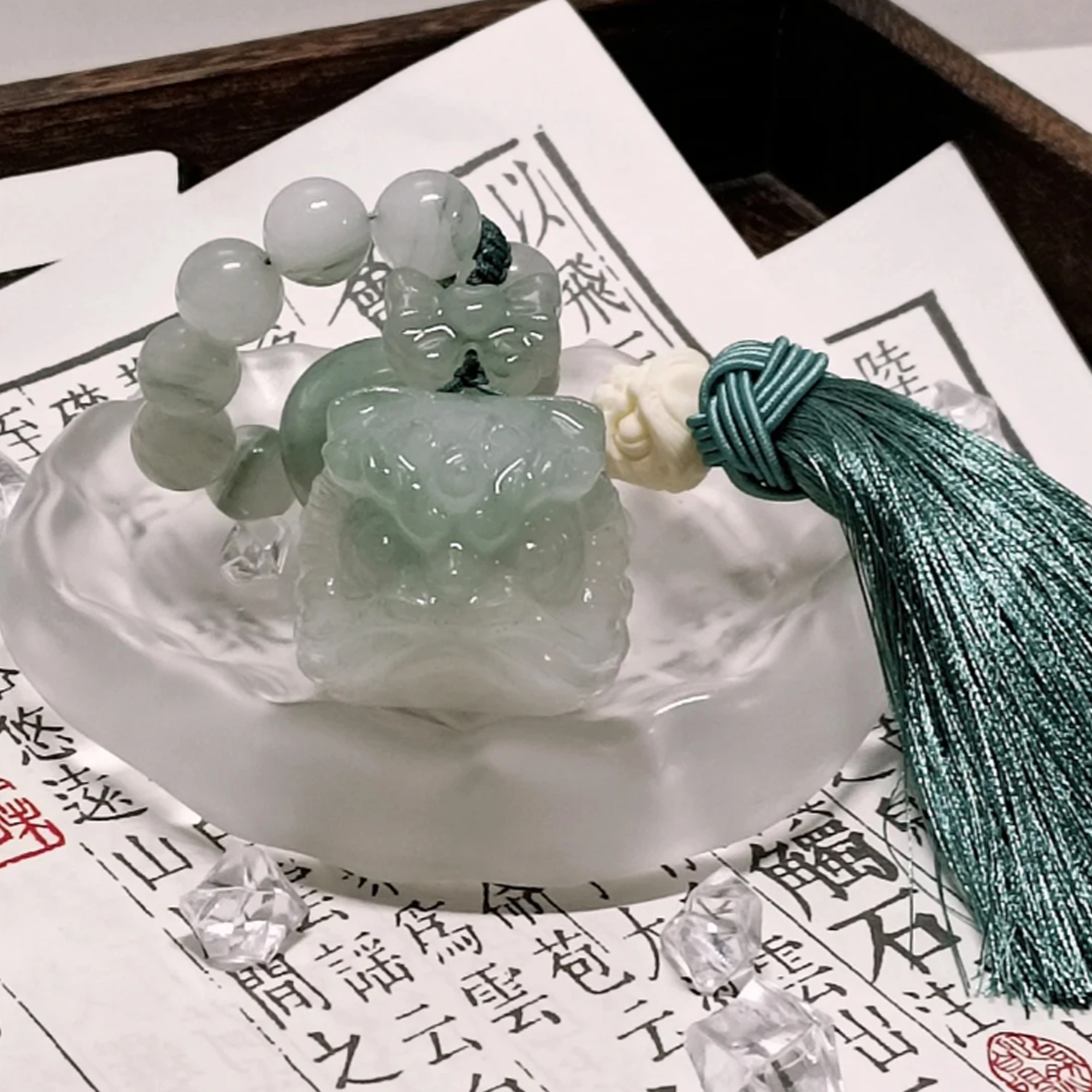 唐之饰 青白色醒狮手把件  新中式复古国潮转运平安 文玩盘玩 天山翠 摆件雕件 男女同款情侣款