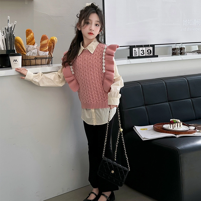 浪莎 花边衬衣洋气马甲喇叭裤三件休闲运动套装 儿童款