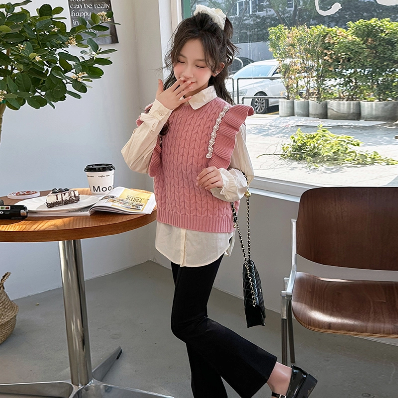 浪莎 花边衬衣洋气马甲喇叭裤三件休闲运动套装 儿童款