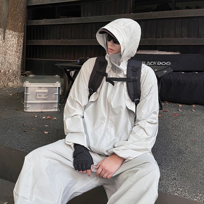 简约纯色连帽山系户外宽松百搭潮流时尚小众拼接设计感遮阳多功能舒适防超紫线 速干防风防紫外线轻薄透气防晒服 男女同款
