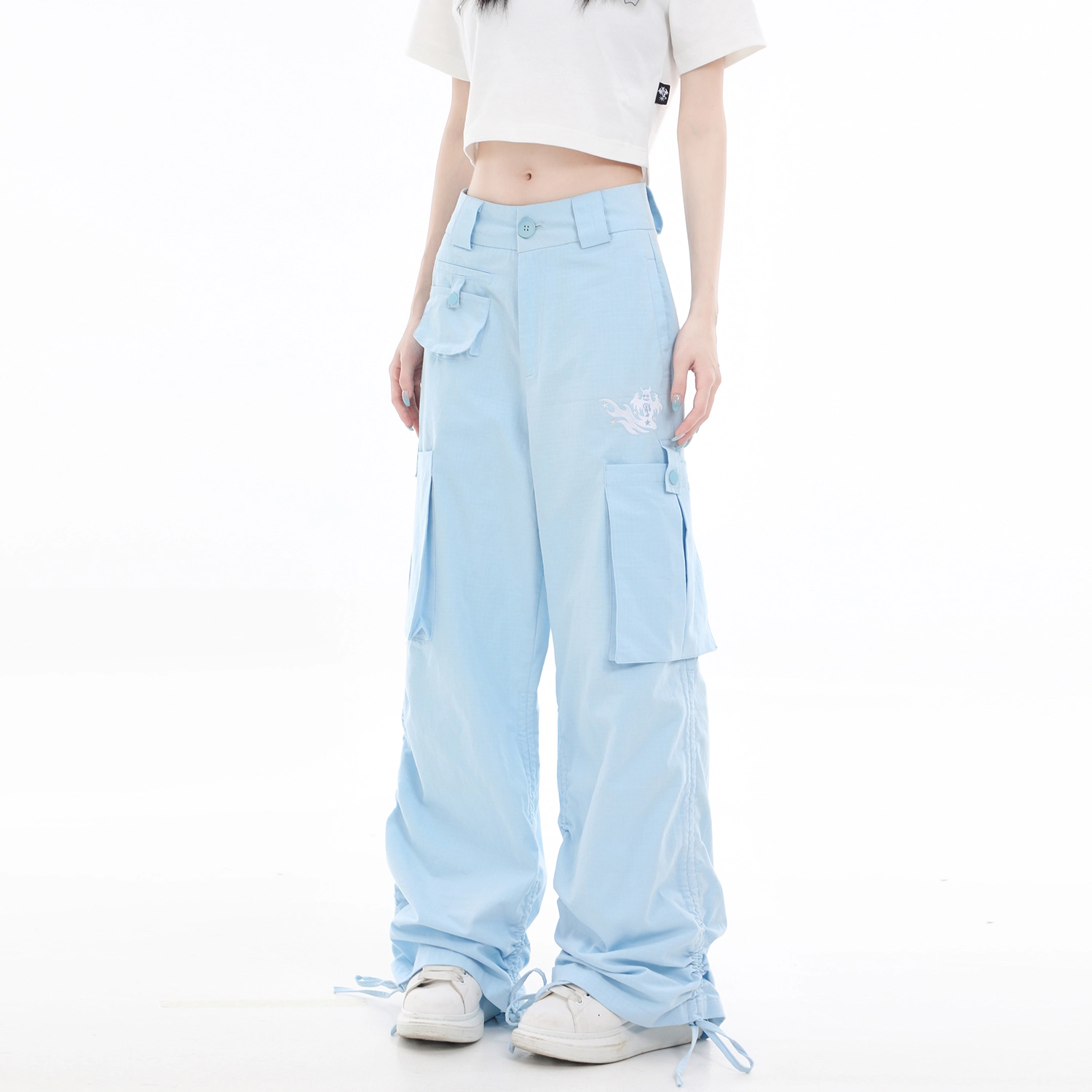 梁拌泡菜 时尚百搭舒适中腰阔腿休闲裤 男女同款 蓝色