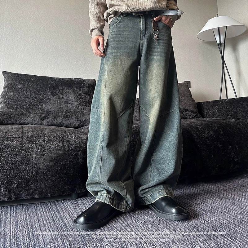 梁拌泡菜 美式廓形弯刀小众设计感牛仔裤 男女同款 复古蓝