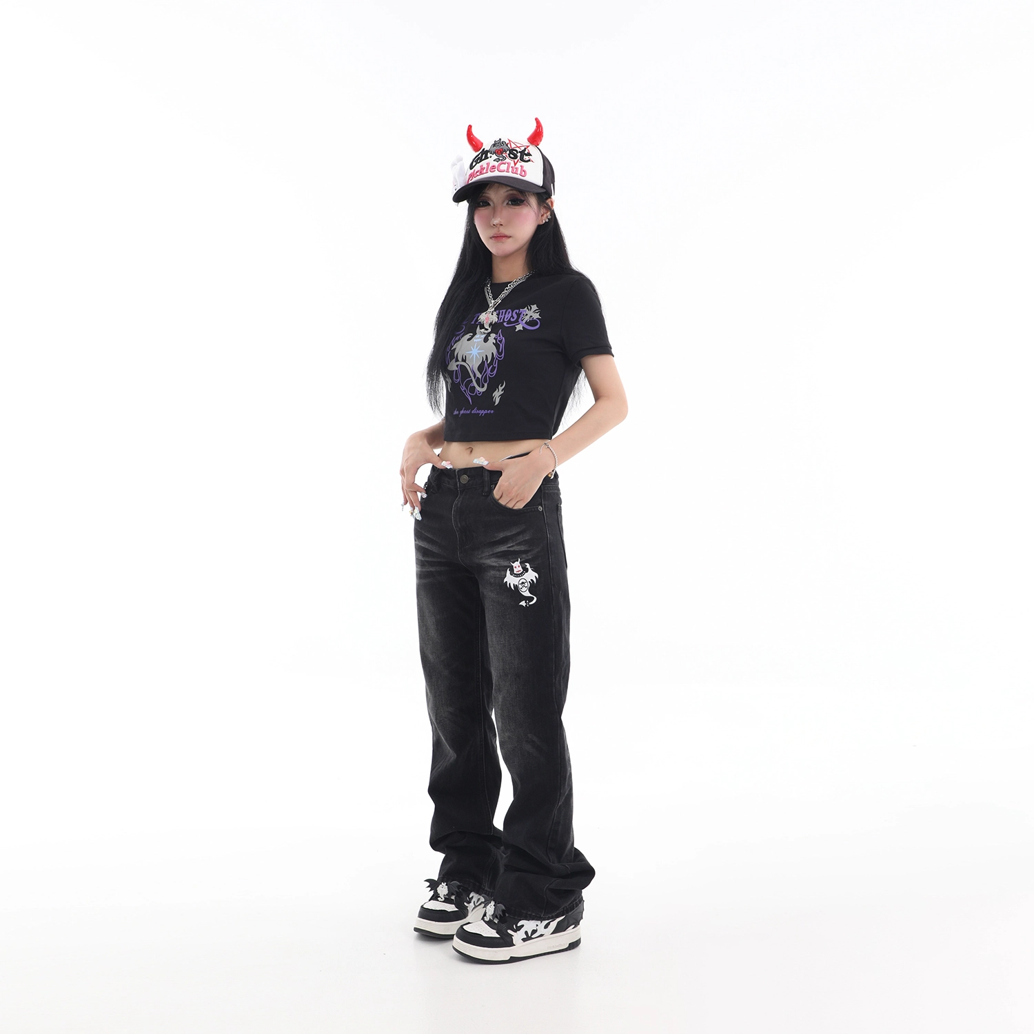 梁拌泡菜 幽灵贴布绣印花做旧洗水直筒牛仔裤 男女同款