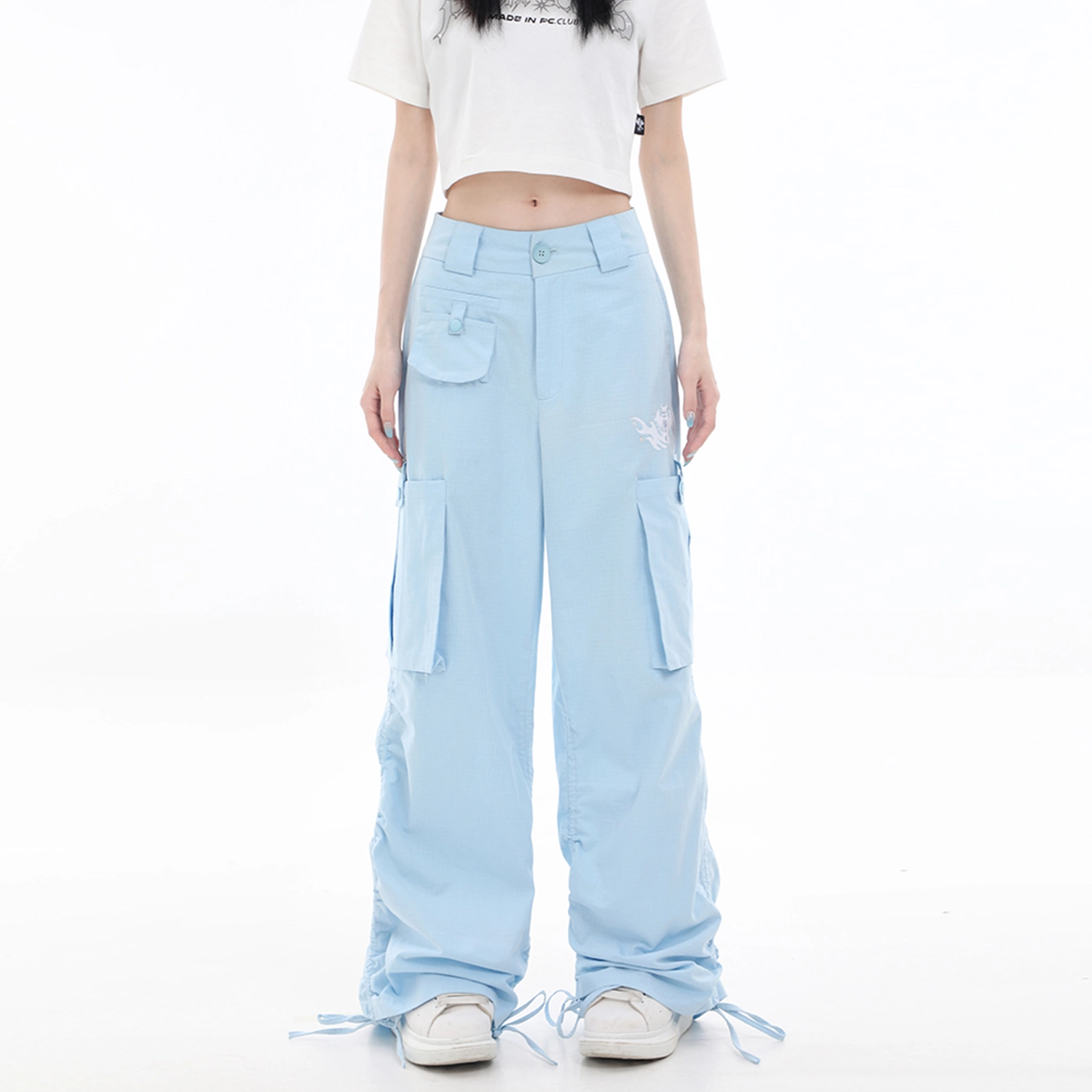 梁拌泡菜 时尚百搭舒适中腰阔腿休闲裤 男女同款 蓝色