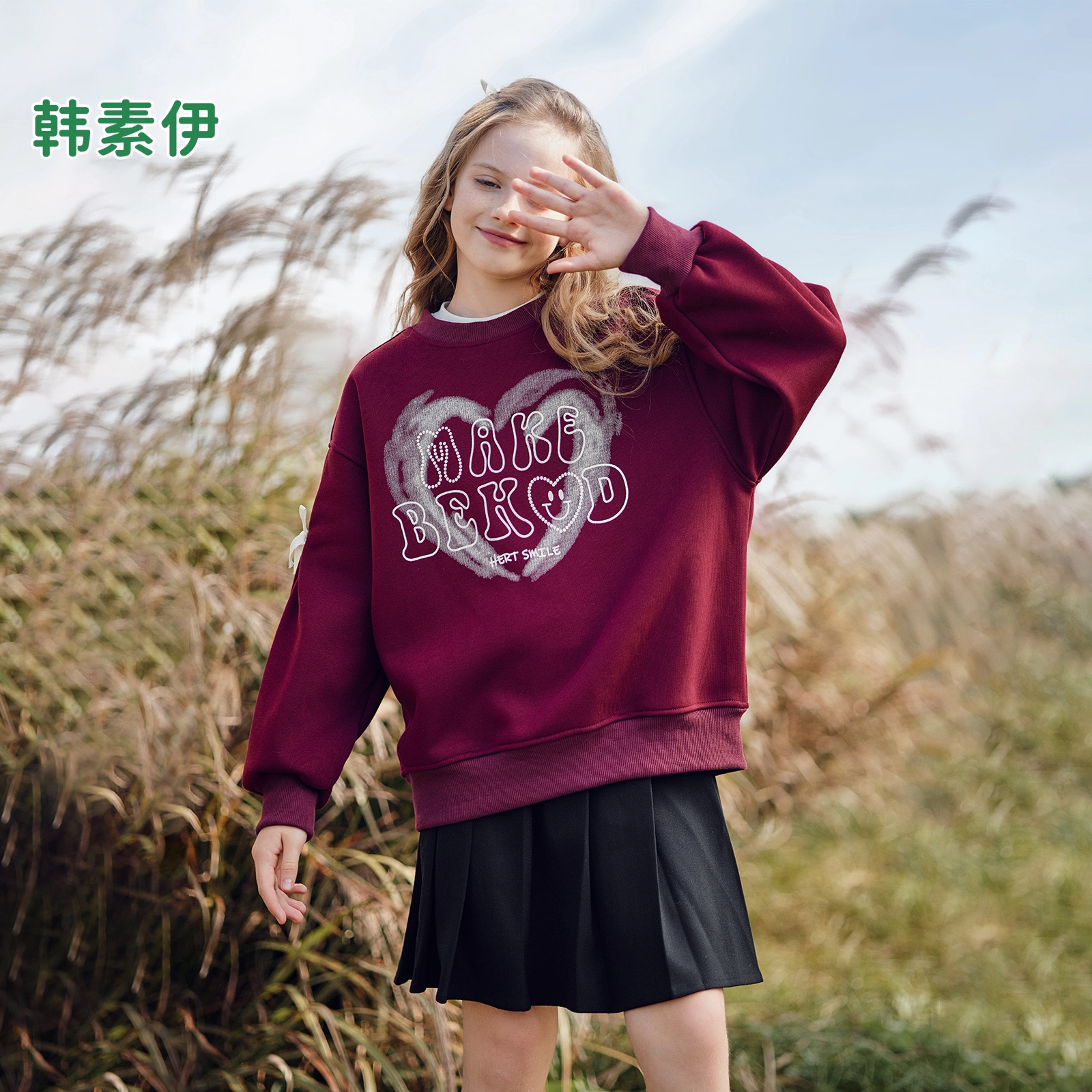 韩素伊卫衣 女童韩系字母印花蝴蝶结女宝春秋设计感加绒加厚宽松上衣冬季 青少年