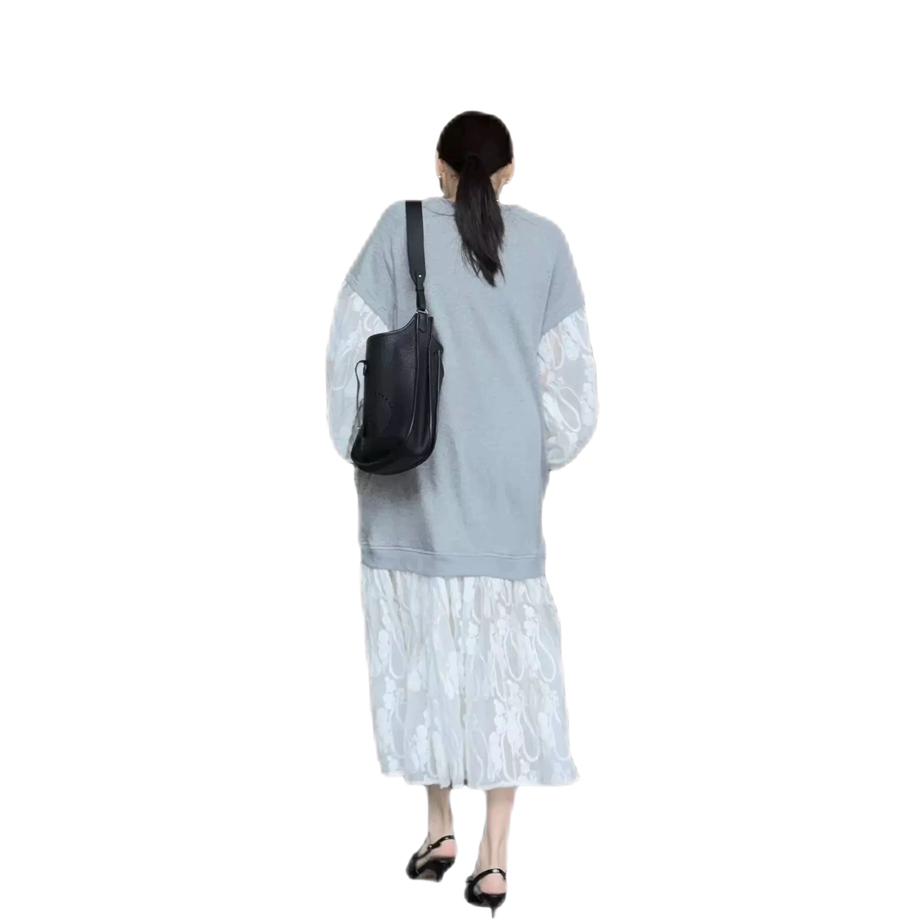 乌冬屋 假两件立体刺绣拼接宽松长款长袖连衣裙 女款 灰色