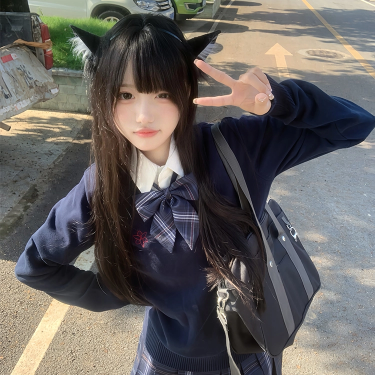 兔半眠 原创校供感立领上衣格纹学院风半裙制服 女款 绀色