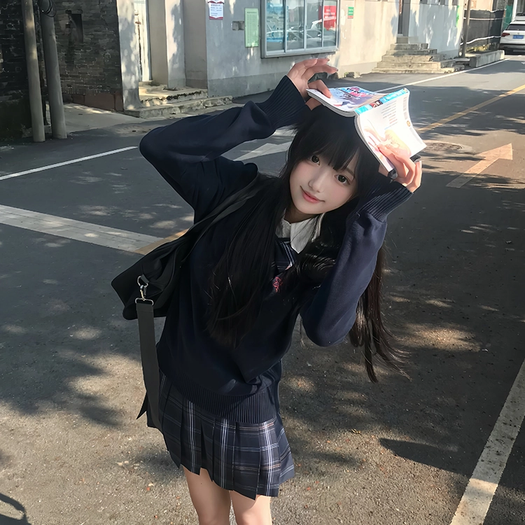 兔半眠 原创校供感立领上衣格纹学院风半裙制服 女款 绀色