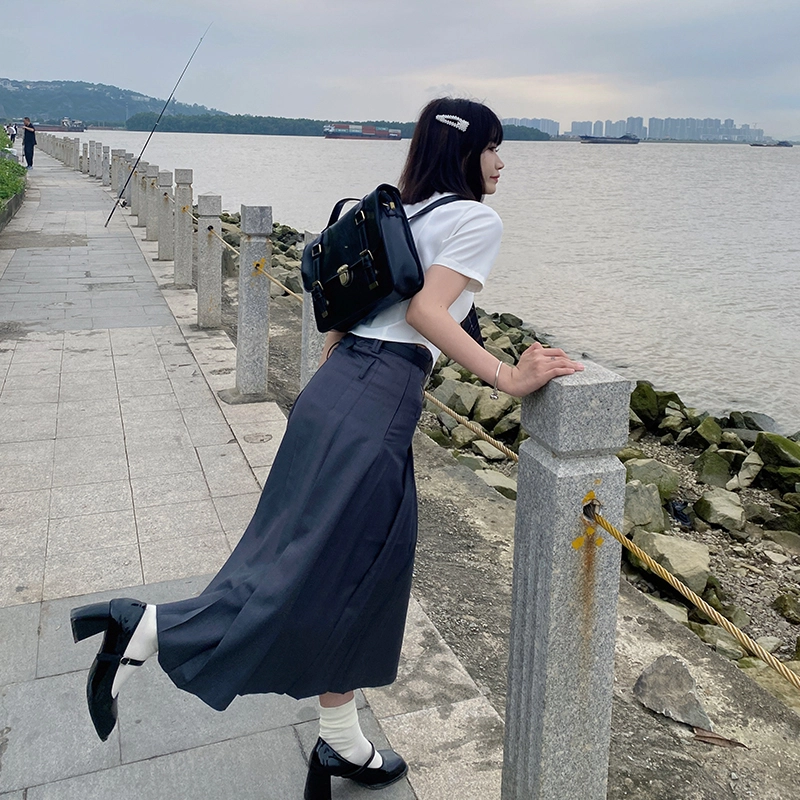 兔半眠 学院风纯色短袖衬衫半身裙制服套装 女款