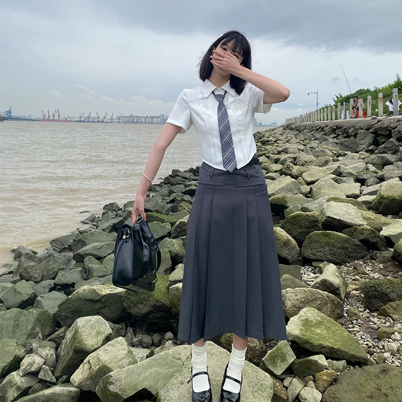 兔半眠 学院风纯色短袖衬衫半身裙制服套装 女款