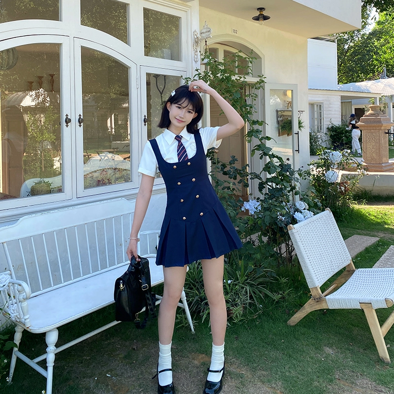 兔半眠 学院风纯色高腰百褶裙连衣裙制服套装 女款