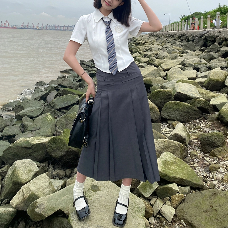 兔半眠 学院风纯色短袖衬衫半身裙制服套装 女款