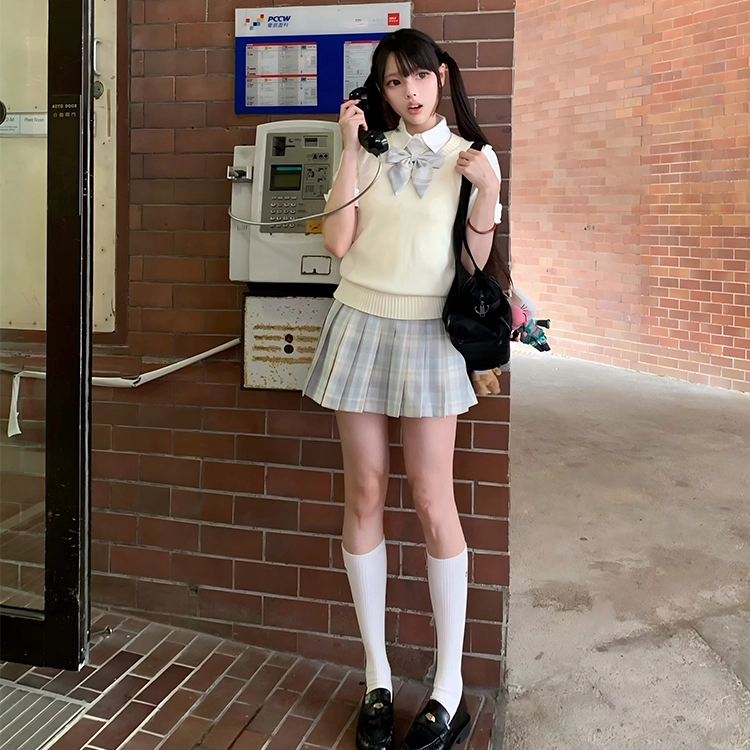 兔半眠 学院风甜妹马甲翻领衬衫短袖浅格裙制服 女款 套装（奶杏马甲+短袖修身衬衫+月见裙子）