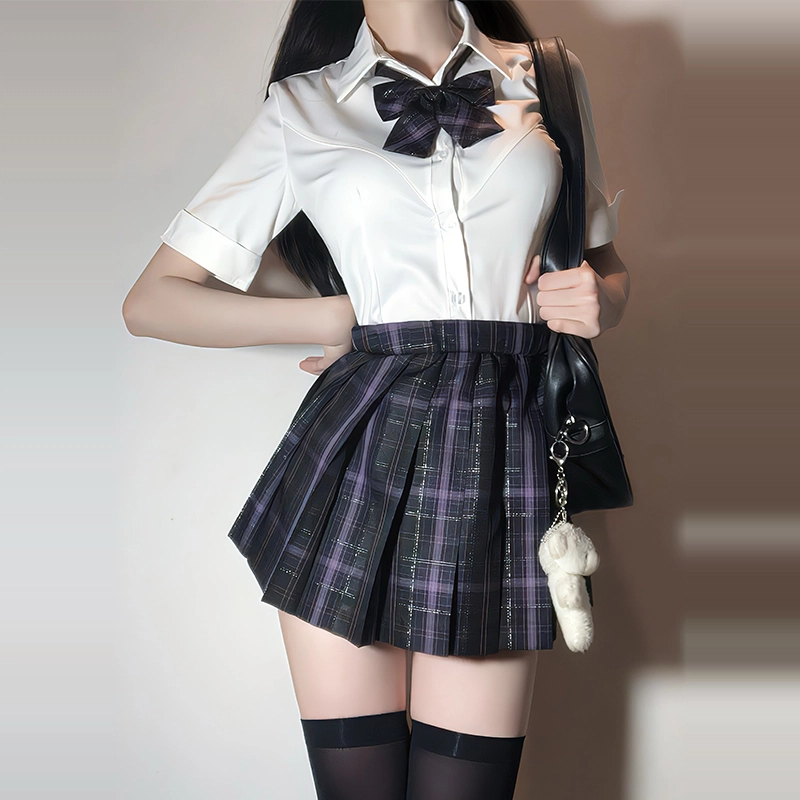 兔半眠 纯色尖领短袖衬衫配领结格子半身短裙制服 女款