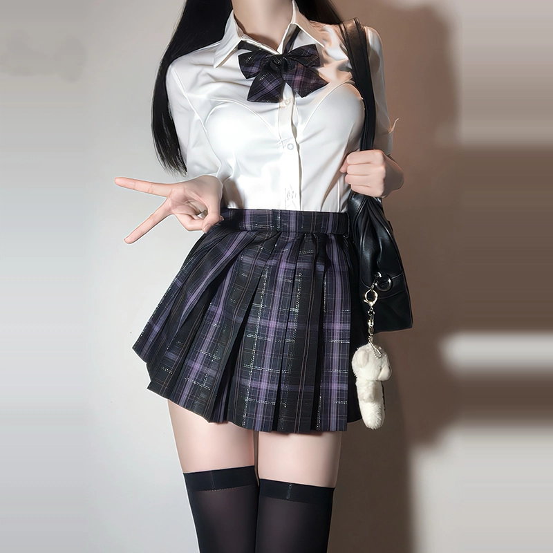 兔半眠 纯色尖领短袖衬衫配领结格子半身短裙制服 女款