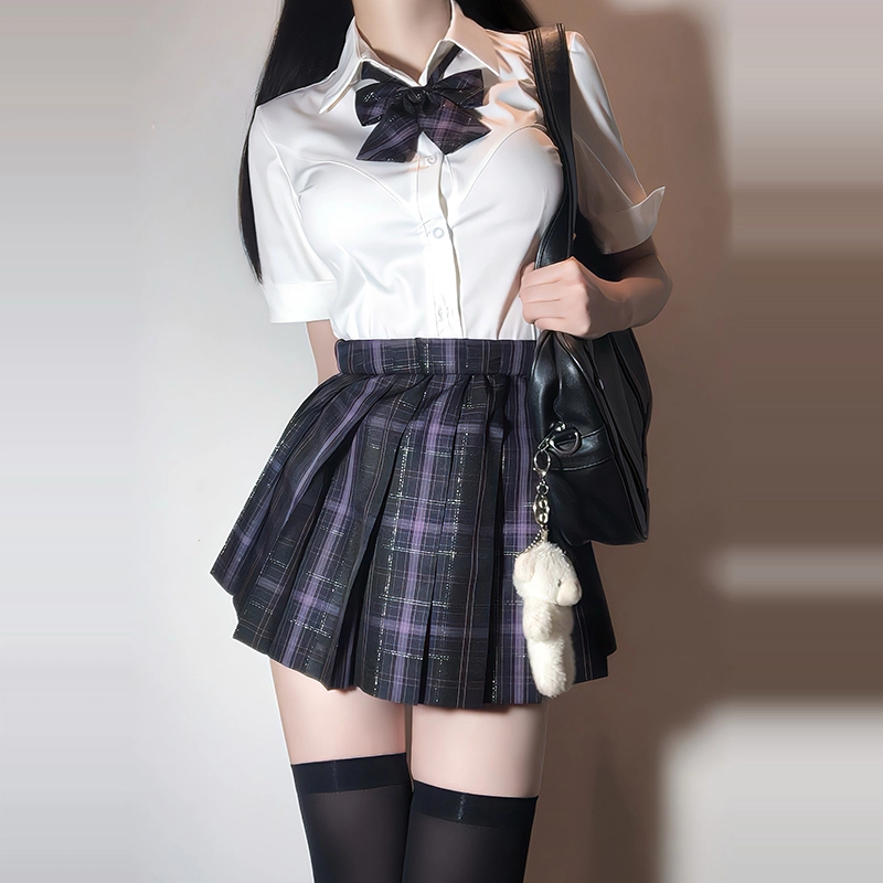 兔半眠 纯色尖领短袖衬衫配领结格子半身短裙制服 女款