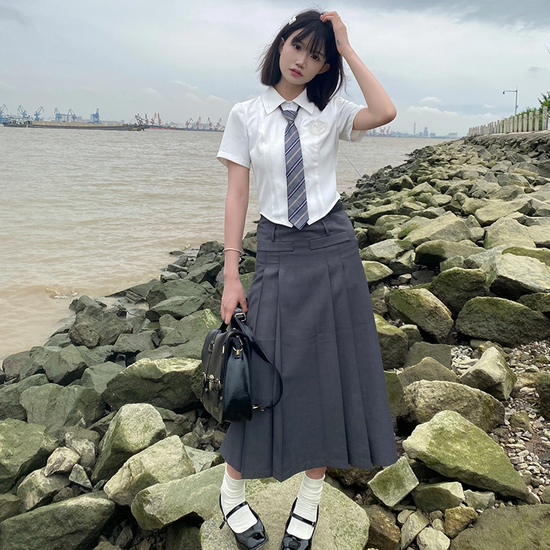 兔半眠 学院风纯色短袖衬衫半身裙制服套装 女款