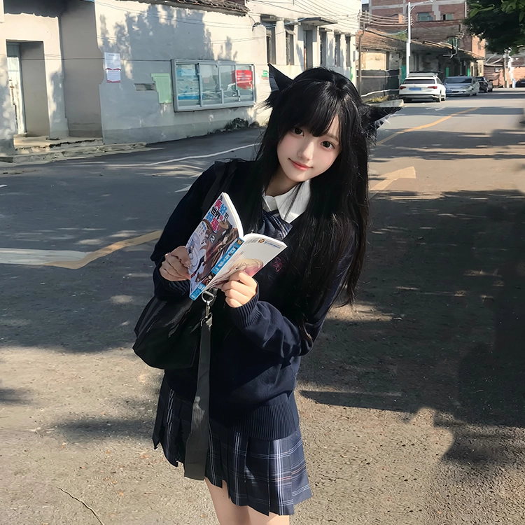 兔半眠 原创校供感立领上衣格纹学院风半裙制服 女款 绀色