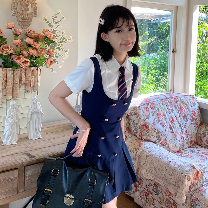 兔半眠 学院风纯色高腰百褶裙连衣裙制服套装 女款