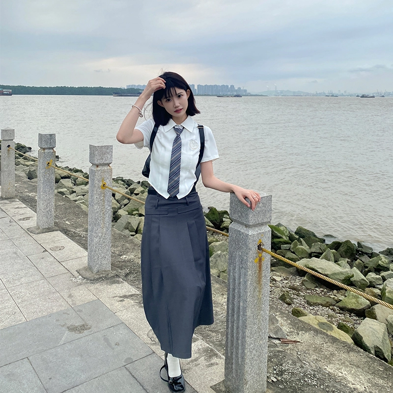 兔半眠 学院风纯色短袖衬衫半身裙制服套装 女款
