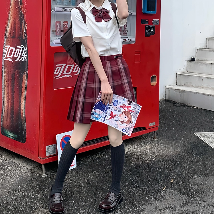 兔半眠 学院风短袖衬衫格裙短裙制服 女款 套装（短袖绣花衬衫+小喜格裙）