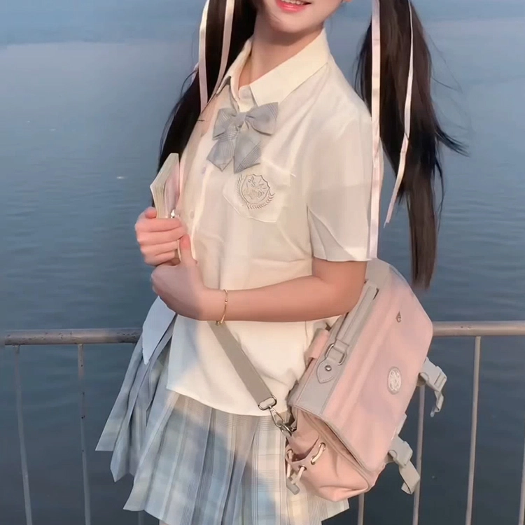 兔半眠 甜妹清凉短袖衬衫格裙子制服 女款 套装（短袖绣花衬衫+月见裙子）
