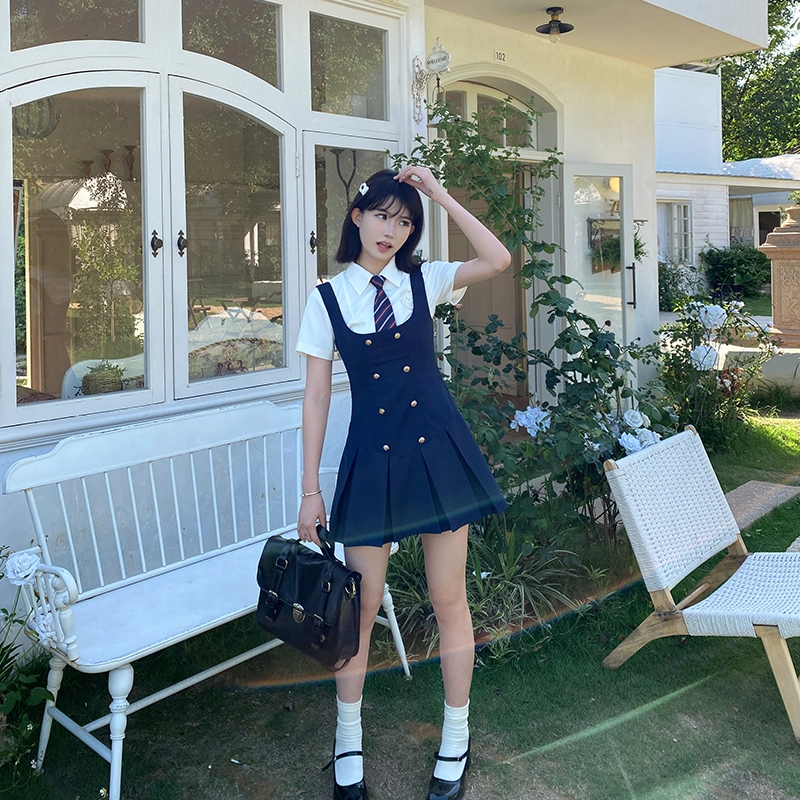 兔半眠 学院风纯色高腰百褶裙连衣裙制服套装 女款