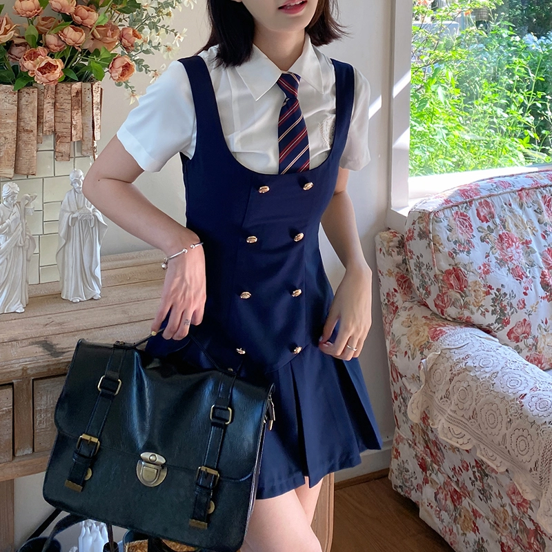 兔半眠 学院风纯色高腰百褶裙连衣裙制服套装 女款