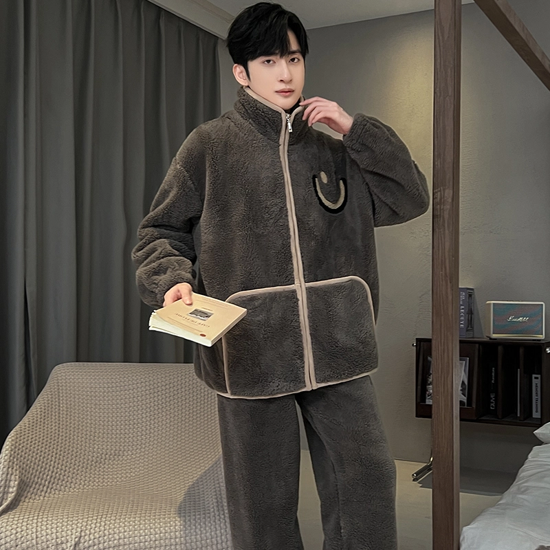 兰缪 珊瑚绒笑脸休闲加厚加绒家居服可外穿睡衣套装 男款 棕色