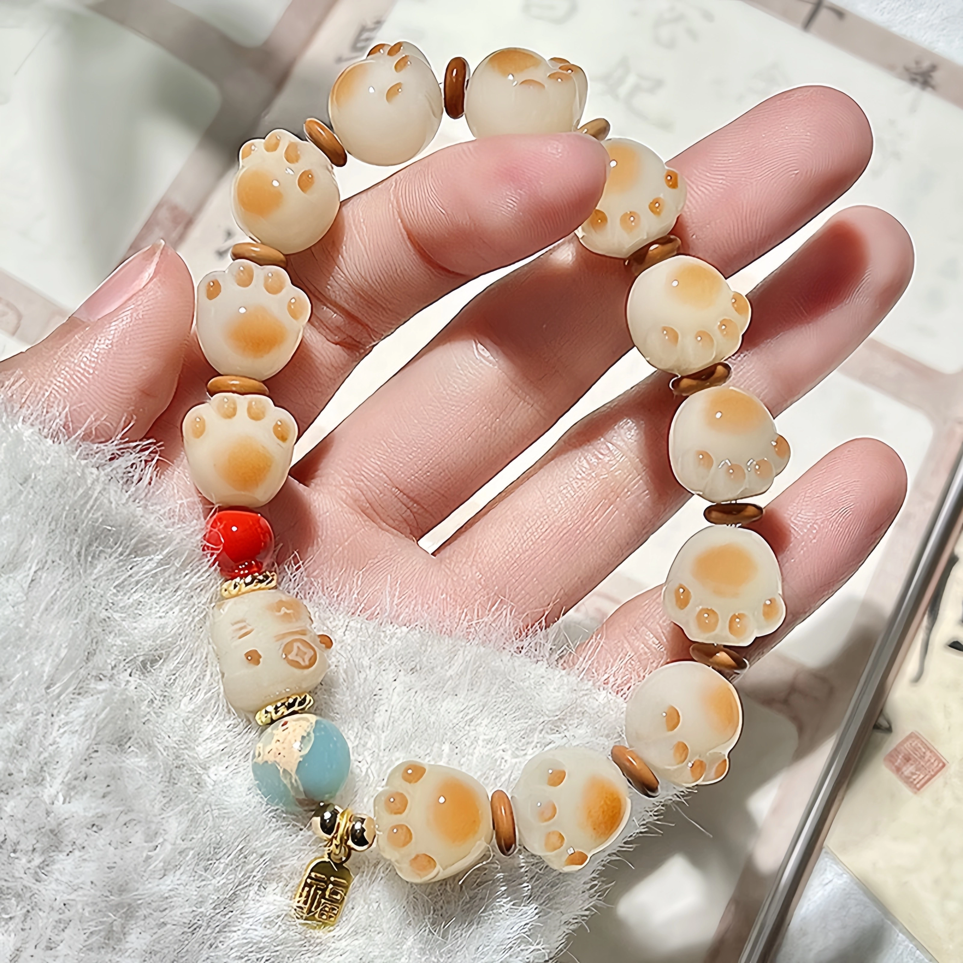 七小匠 新中式 国潮 炭烧萌猫爪 小众设计 可爱风 简约设计 白玉菩提 手串 男女同款情侣款
