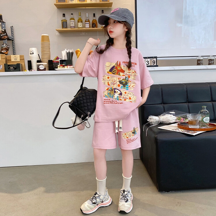 大童 蓝精灵 圆领字母动物图案舒适落肩短袖系带简约短裤休闲运动套装
