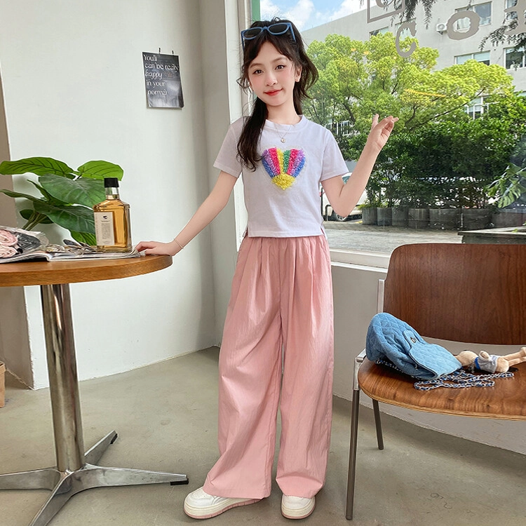 大童 蓝精灵 圆领彩色花瓣爱心图案舒适短袖松紧腰纯色简约宽松长裤休闲运动套装 白色