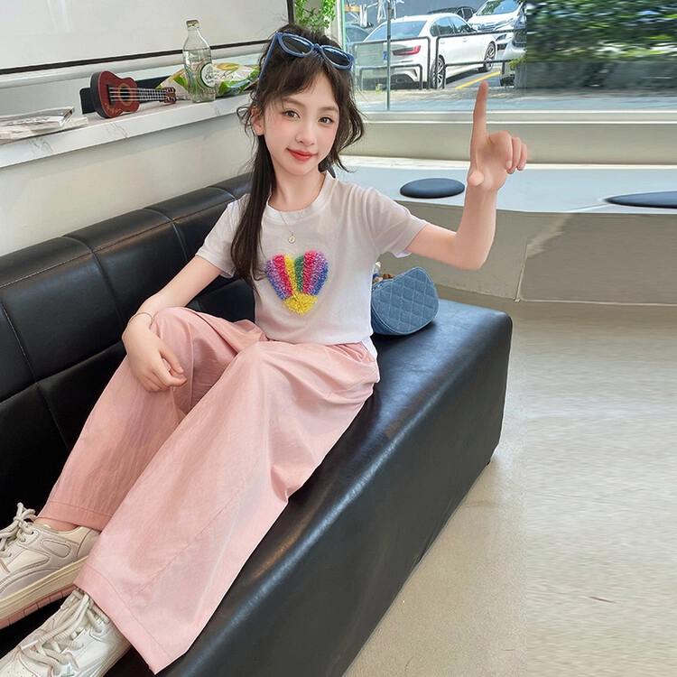 大童 蓝精灵 圆领彩色花瓣爱心图案舒适短袖松紧腰纯色简约宽松长裤休闲运动套装 白色