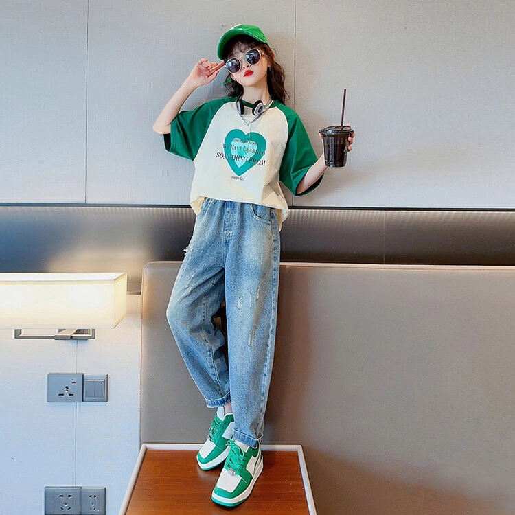 大童 蓝精灵 圆领舒适短袖上衣亲肤柔软纯色长裤休闲运动套装 白色