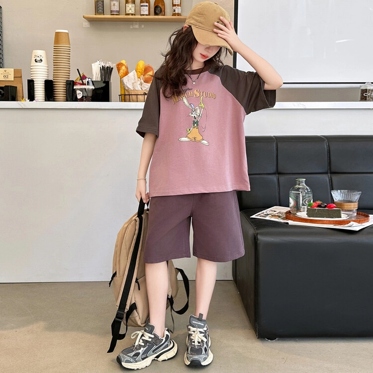 儿童款 蓝精灵 圆领字母卡通小兔子图案舒适简约舒适插肩短袖松紧腰纯色短裤休闲运动套装 紫色
