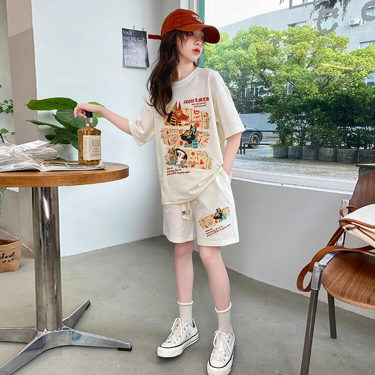 大童 蓝精灵 圆领字母动物图案舒适落肩短袖系带简约短裤休闲运动套装