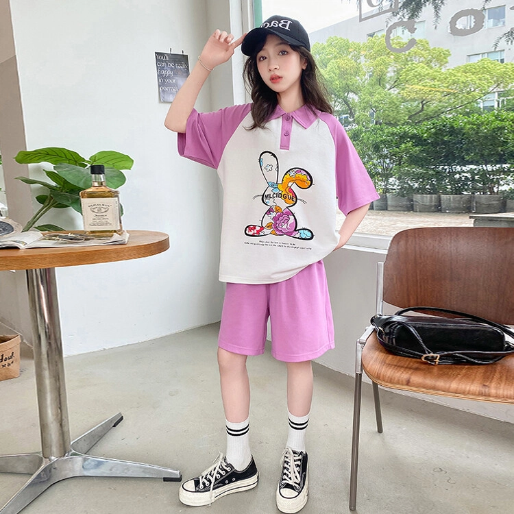 大童 蓝精灵 卡通字母拼色套头短袖上衣松紧腰百搭短裤休闲运动套装 谈紫色
