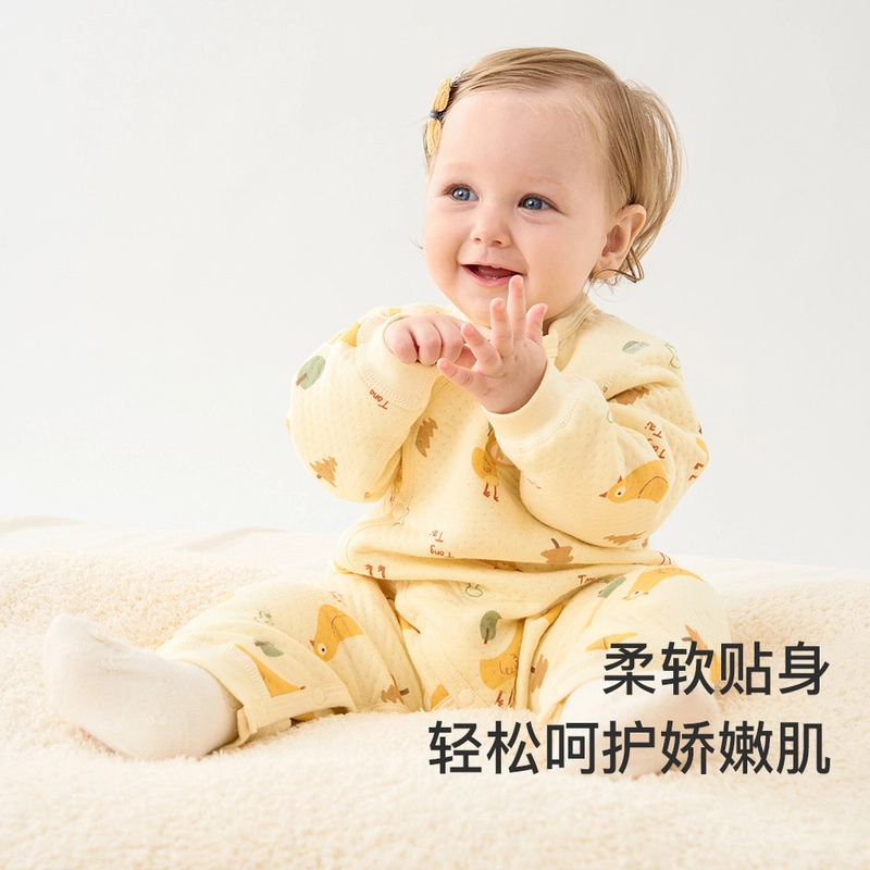 童泰婴儿长袖连体衣秋冬季男女宝宝衣服内衣偏开长袖夹棉哈衣爬服连体装