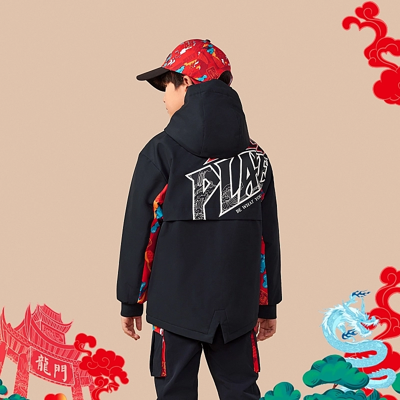 安踏儿童 新年款 初登龙门 拼色摇粒绒连帽运动保暖夹克 儿童款 梦幻黑