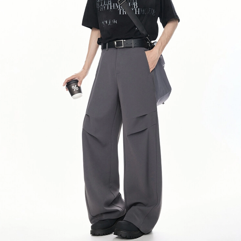 行更远 美式复古分割褶皱设计感小众高级感宽松百搭舒适垂坠感冰丝弯刀西装裤 男女同款