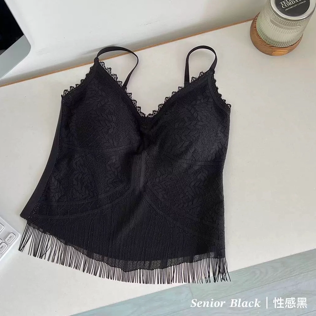 品彩 法式蕾丝流苏固定打底美背吊带 女款
