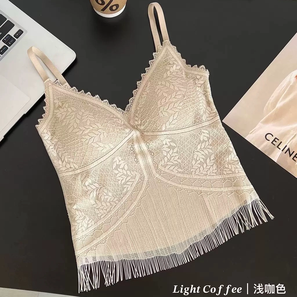 品彩 法式蕾丝流苏固定打底美背吊带 女款