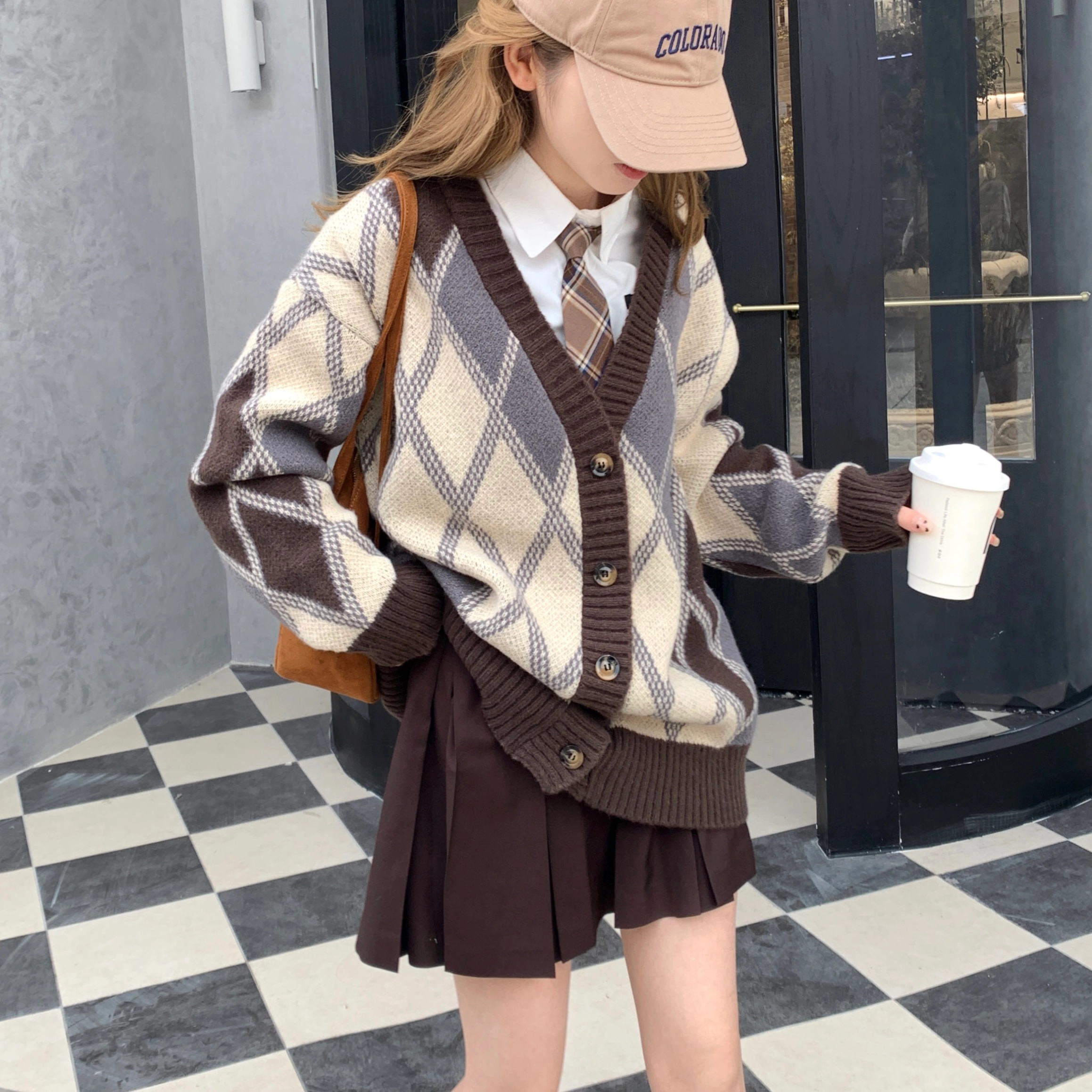 花山家的猫 排扣毛衣开衫长袖衬衫配格子领带制服 女款
