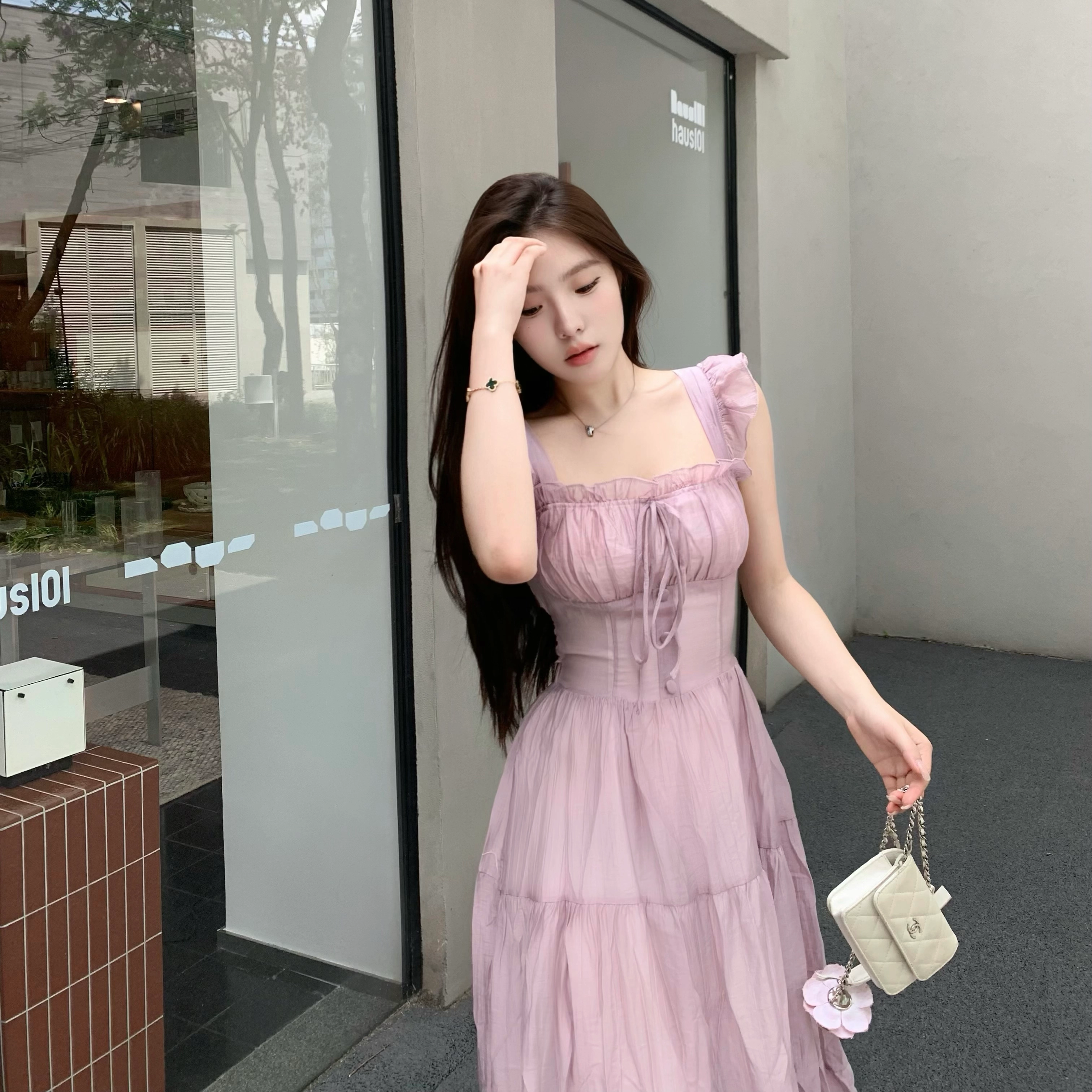花山家的猫 法式温柔木耳边收腰甜美简约舒适短袖连衣裙 女款