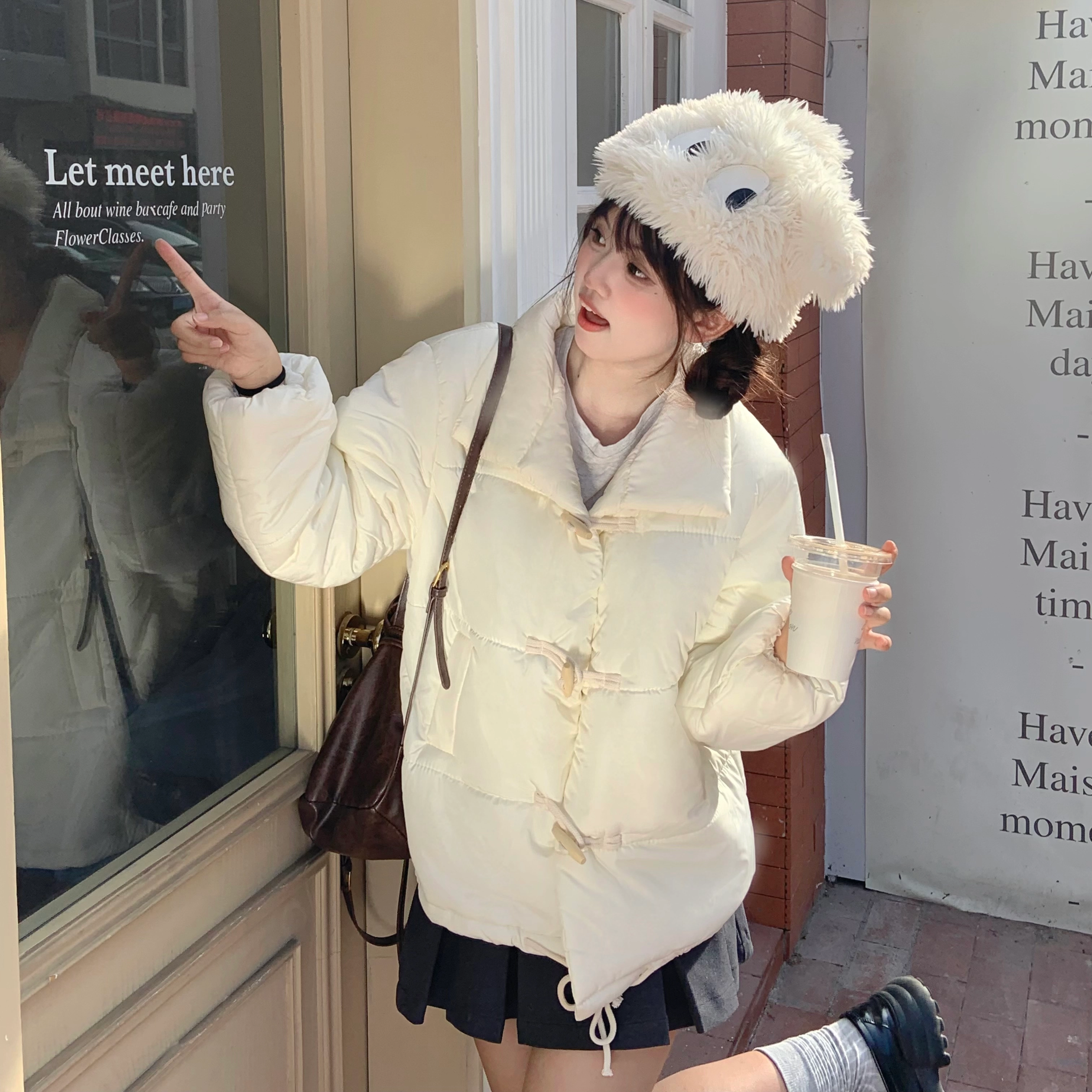 花山家的猫 纯色加厚短款牛角扣棉服高腰百褶短裙制服 女款